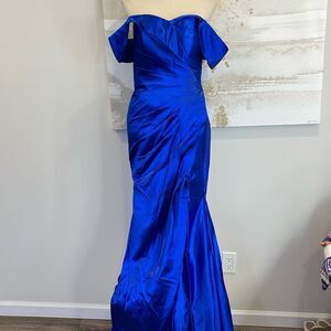 Ryanth satin blue prom off the shoulder dress (new in package)